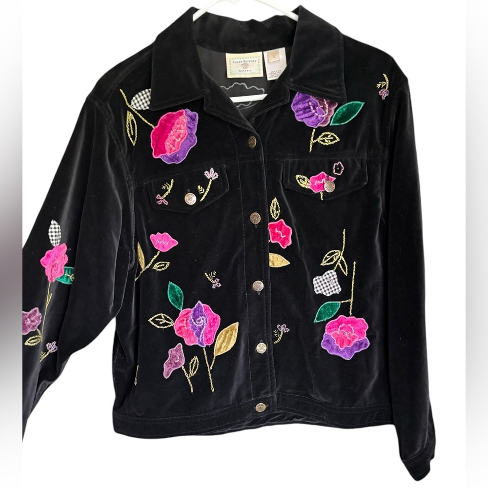 Susan Bristol Cotton Velvet Hand Embroidered Artsy Floral Bomber Jacket Size S